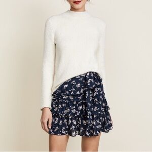 NWT Cinq a Sept Carson Skirt Tiered Floral Bow Mini Silk Navy Blue Sz 4